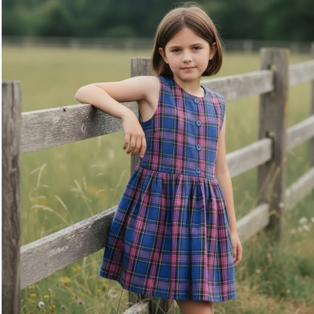 90s Oshkosh Plaid Dress Blue Pink Sz 6 Cotton USA‎ Sleeveless Knee Length